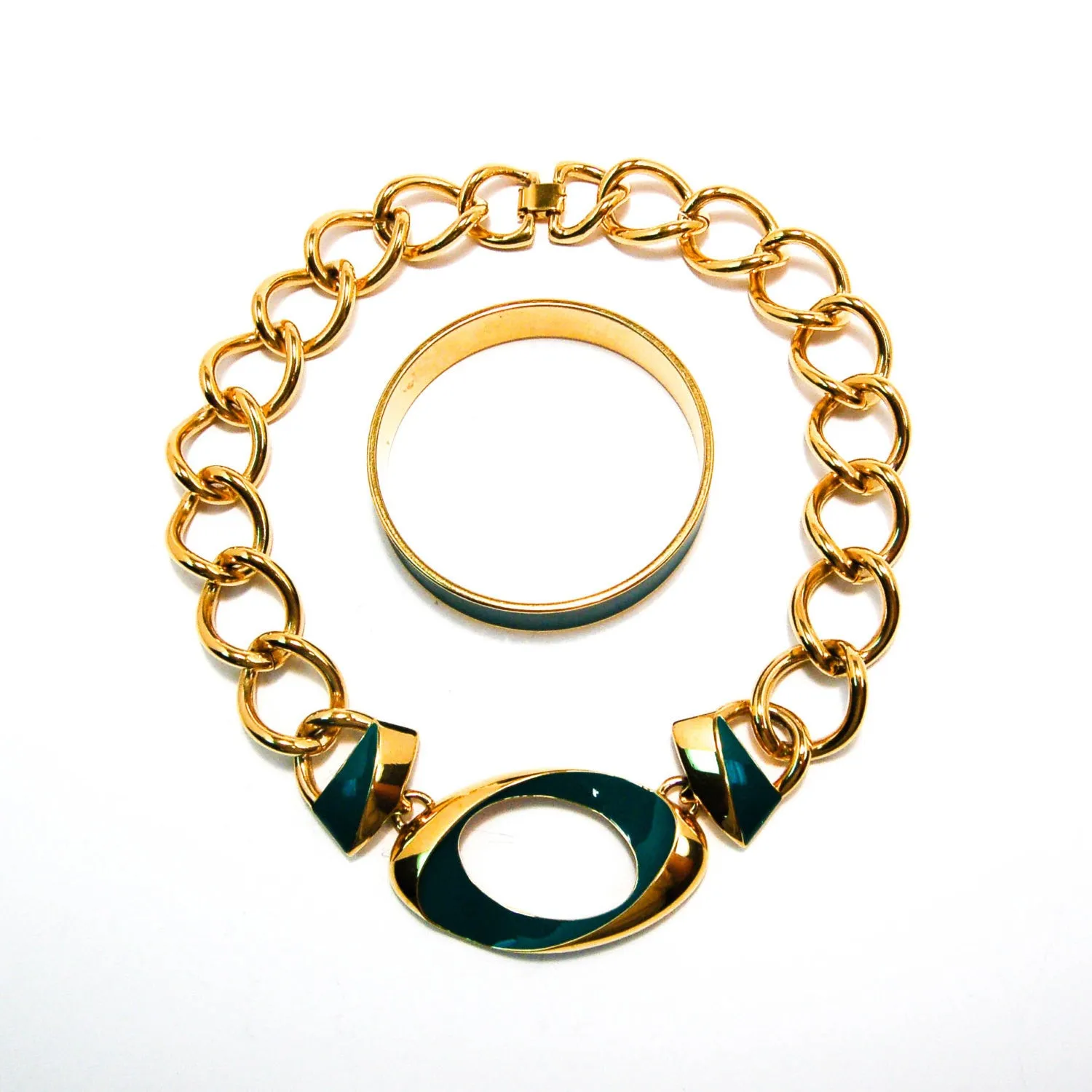 Vintage Monet Gold Chunky Chain Necklace with Green Enamel Accent
