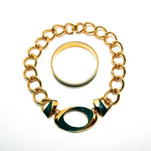 Vintage Monet Gold Chunky Chain Necklace with Green Enamel Accent
