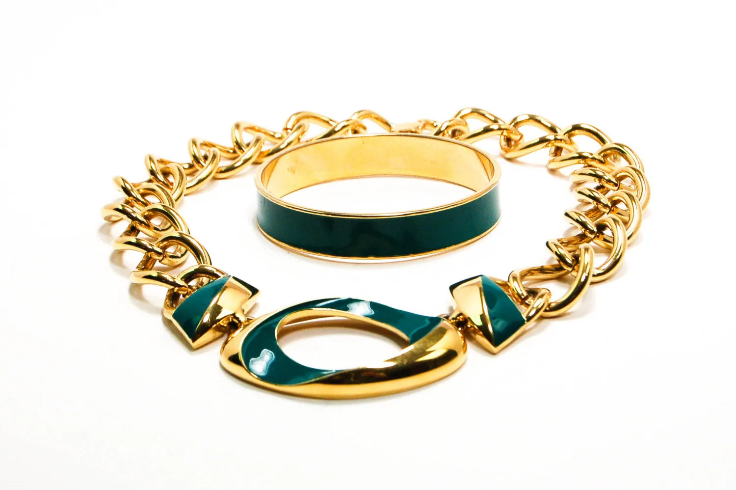 Vintage Monet Gold Chunky Chain Necklace with Green Enamel Accent