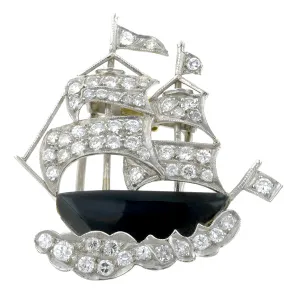 Vintage Onyx & Diamond Sailboat Pin