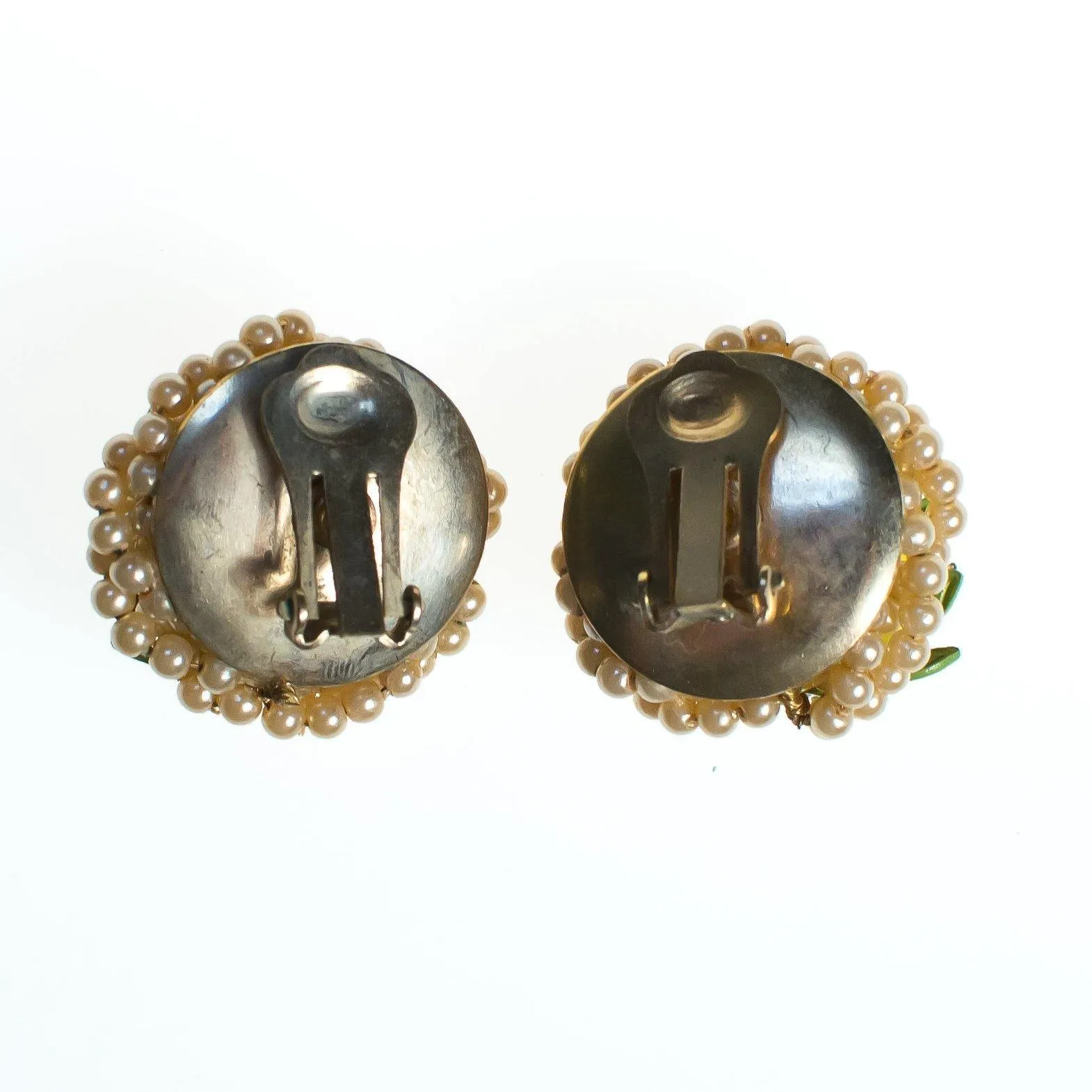 Vintage Orange Enamel Rose Earrings with Rhinestones and Pearls  Diamante Crystal, Gold Tone Setting, Clip-on