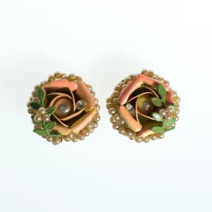 Vintage Orange Enamel Rose Earrings with Rhinestones and Pearls  Diamante Crystal, Gold Tone Setting, Clip-on