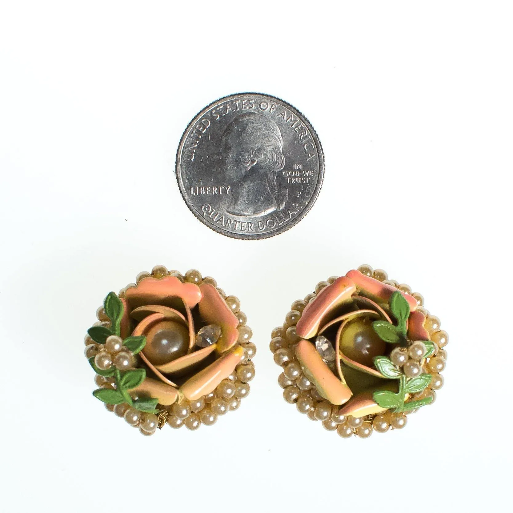 Vintage Orange Enamel Rose Earrings with Rhinestones and Pearls  Diamante Crystal, Gold Tone Setting, Clip-on