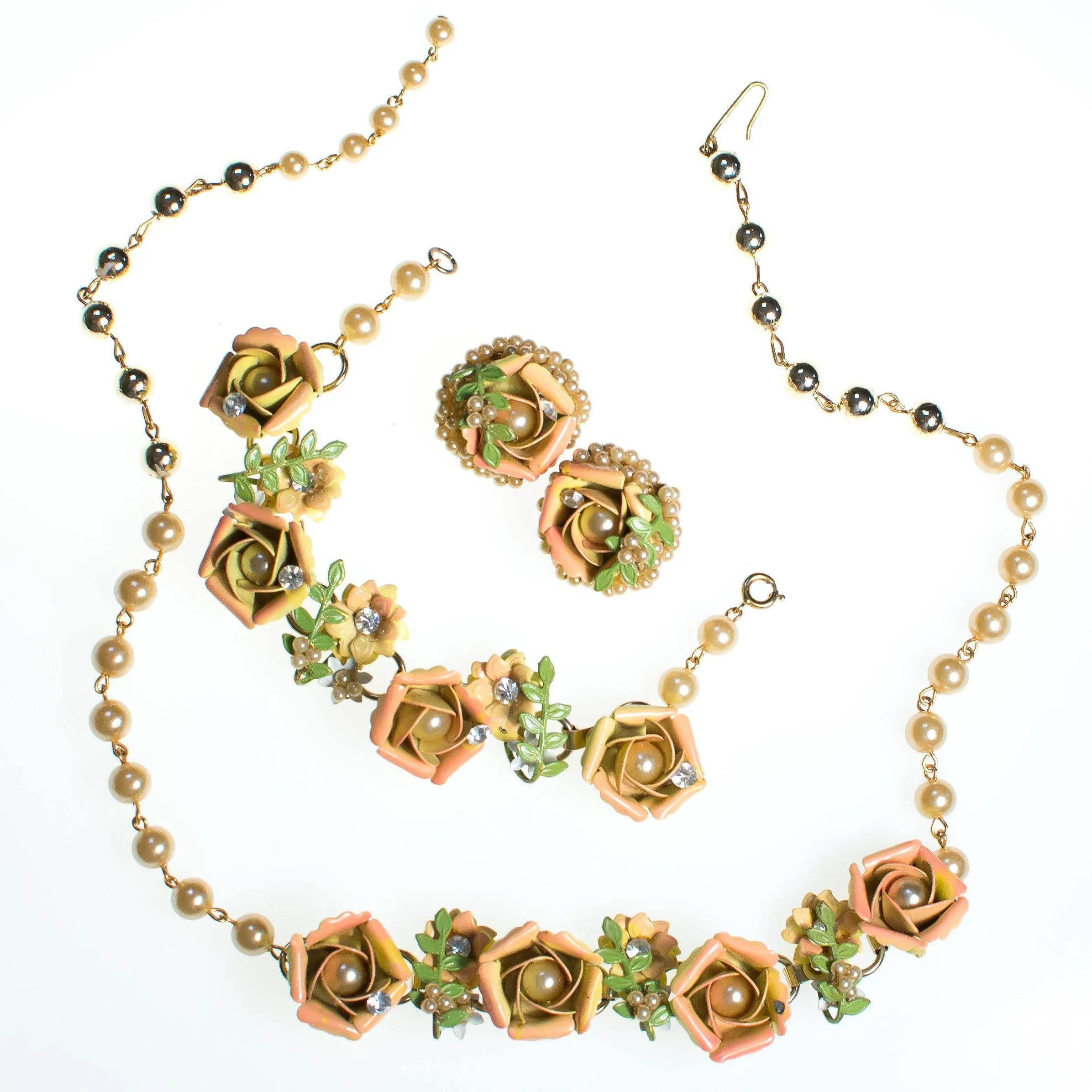 Vintage Orange Enamel Rose Earrings with Rhinestones and Pearls  Diamante Crystal, Gold Tone Setting, Clip-on