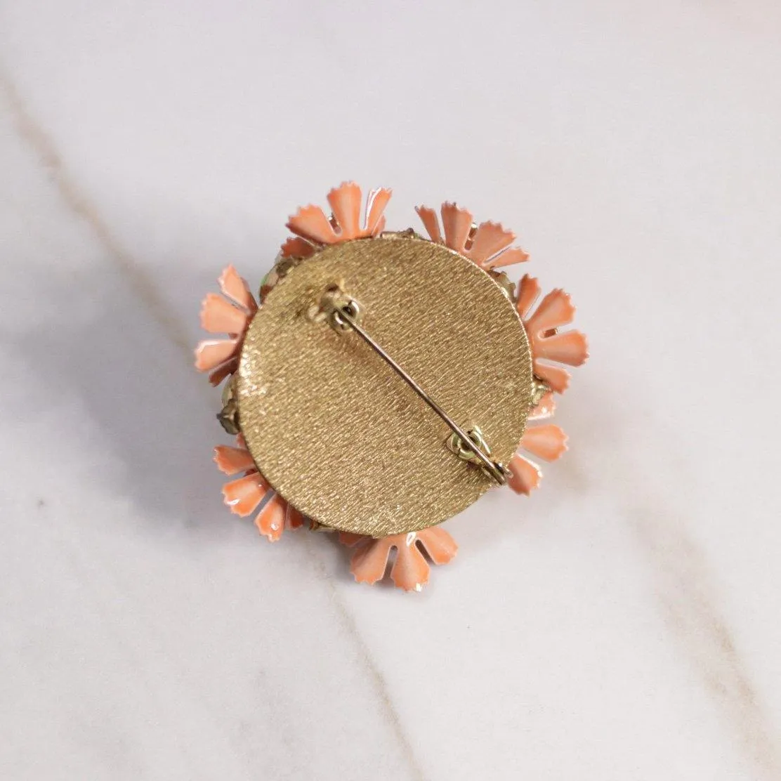 Vintage Peach Painted Enamel Flower Brooch with Rhinestones