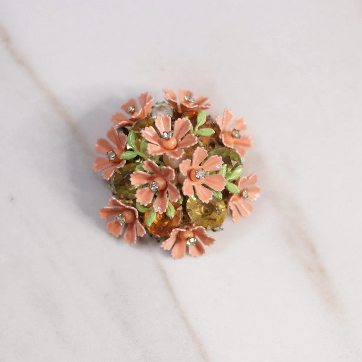 Vintage Peach Painted Enamel Flower Brooch with Rhinestones