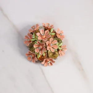 Vintage Peach Painted Enamel Flower Brooch with Rhinestones