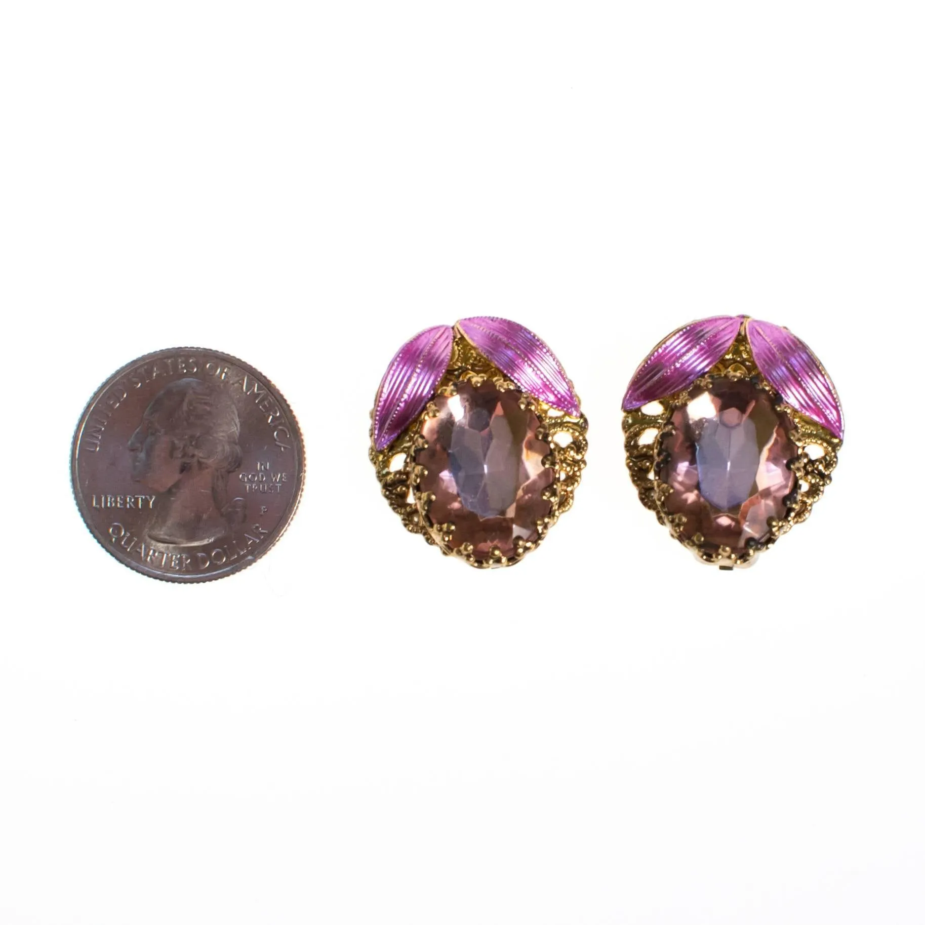 Vintage Pink Rhinestone and Gold Filigree Earrings made in West Germany