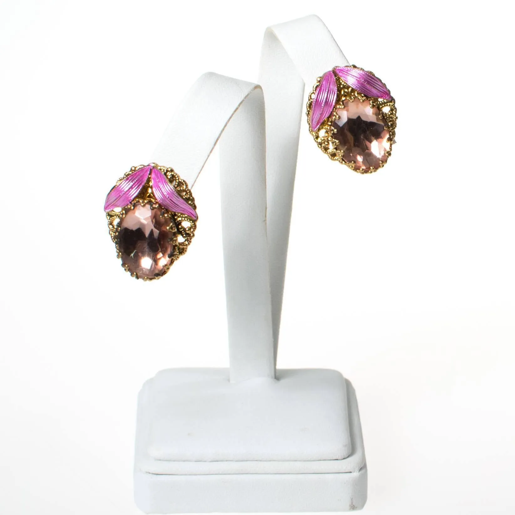 Vintage Pink Rhinestone and Gold Filigree Earrings made in West Germany