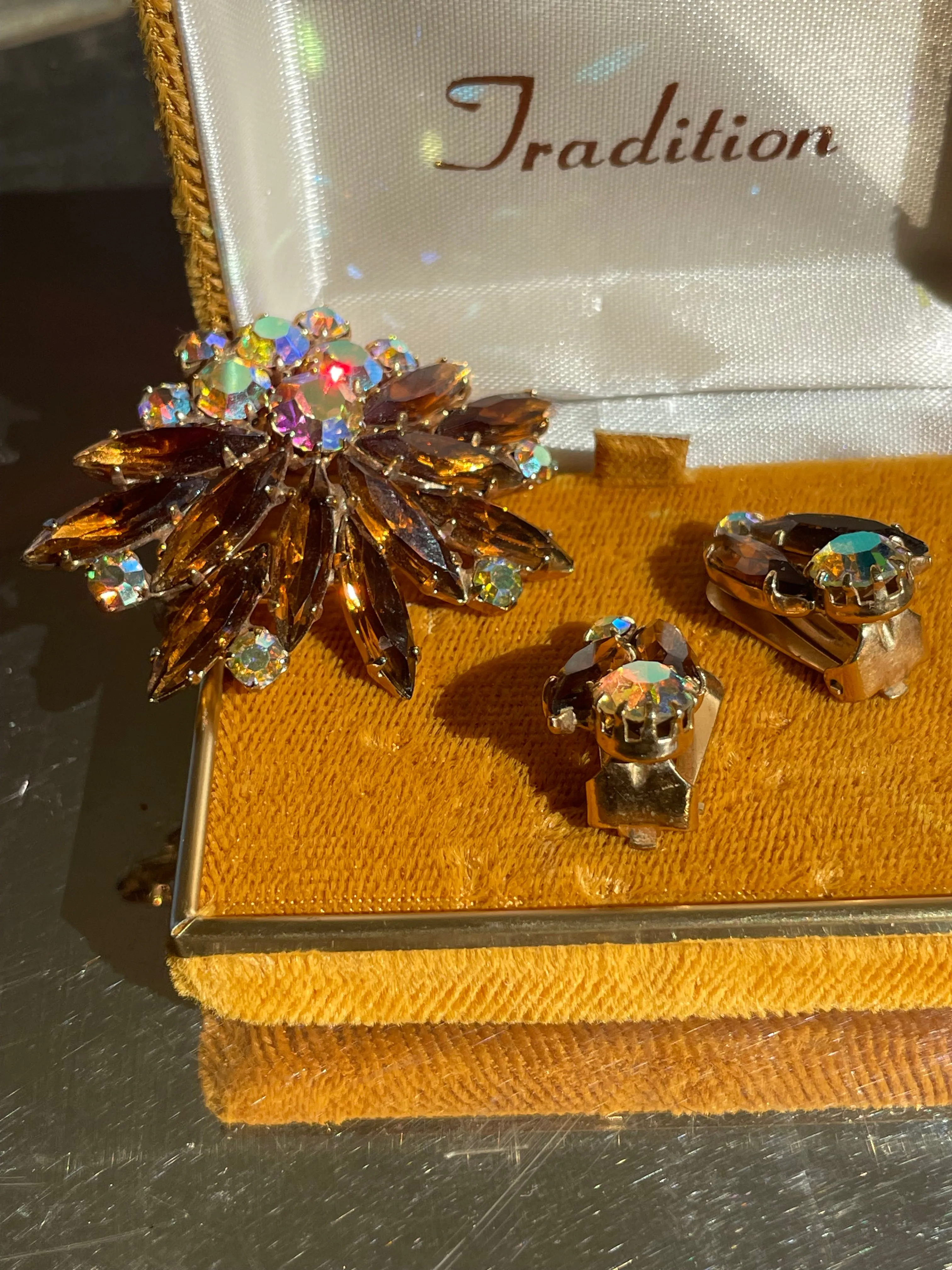 Vintage Rhinestone Brooch and Earrings in Golden Brown and Aurora Borealis Stones