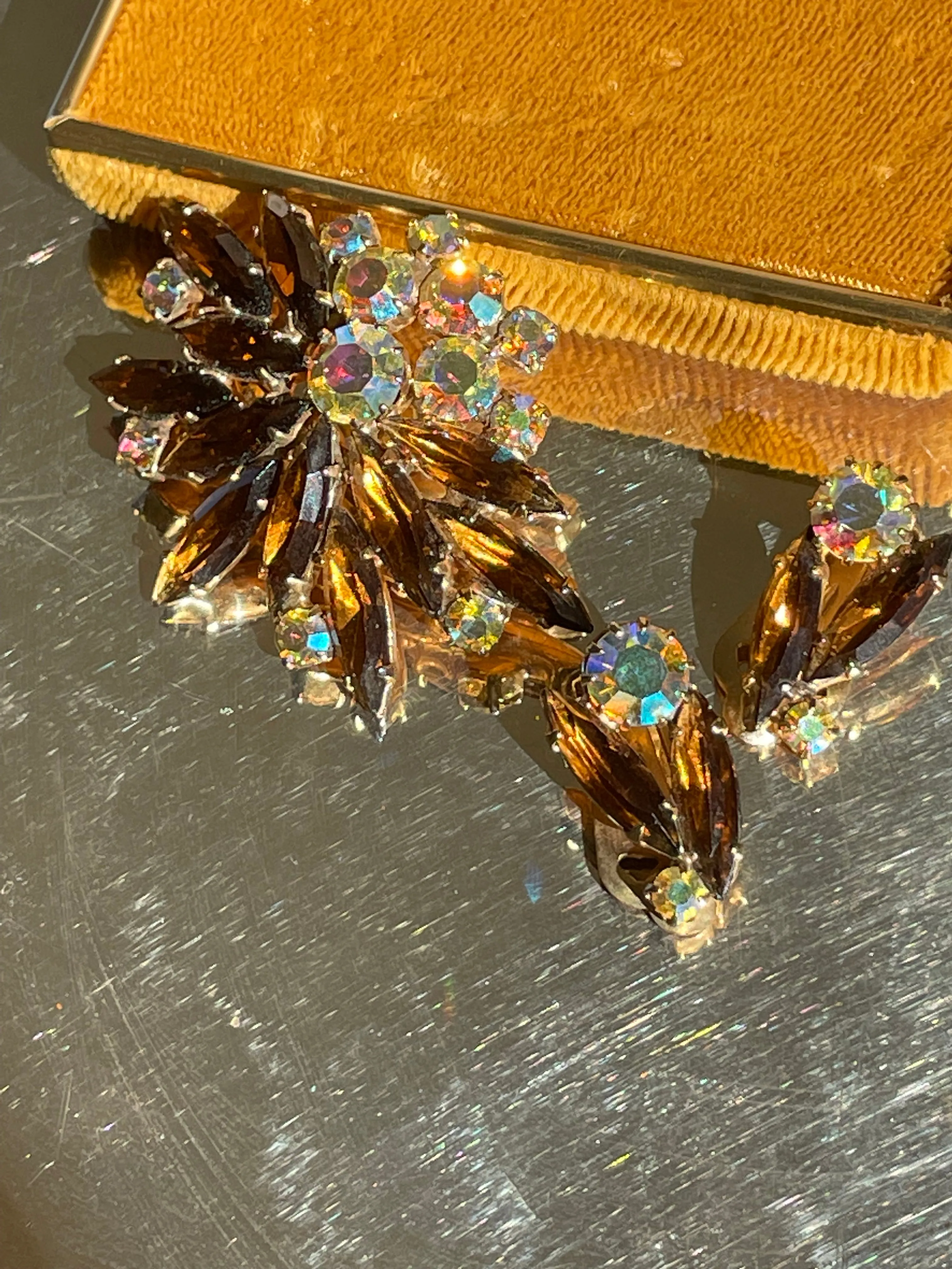 Vintage Rhinestone Brooch and Earrings in Golden Brown and Aurora Borealis Stones