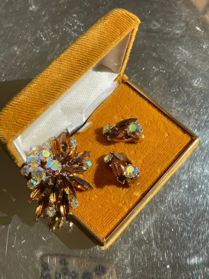 Vintage Rhinestone Brooch and Earrings in Golden Brown and Aurora Borealis Stones