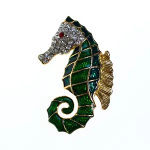 Vintage Seahorse Brooch Green Enamel with Pave Crystal Rhinestones
