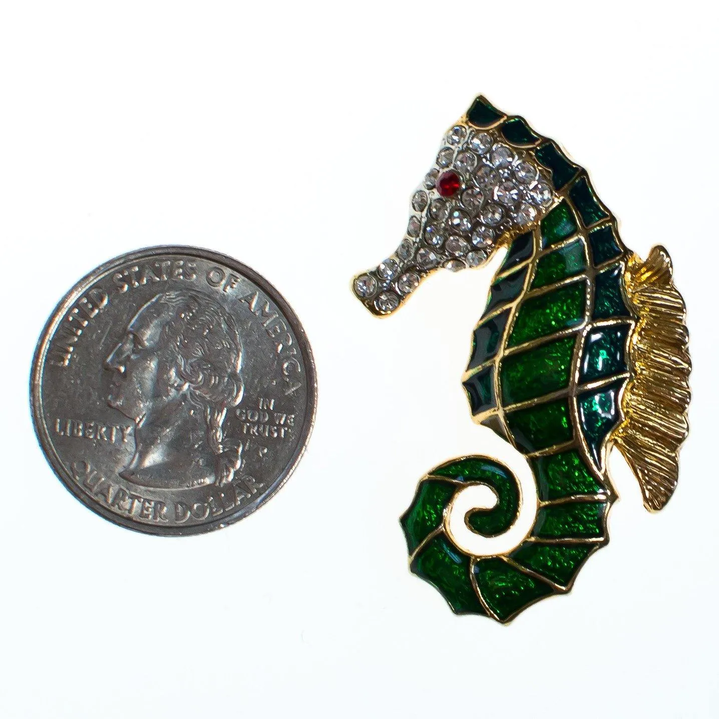 Vintage Seahorse Brooch Green Enamel with Pave Crystal Rhinestones