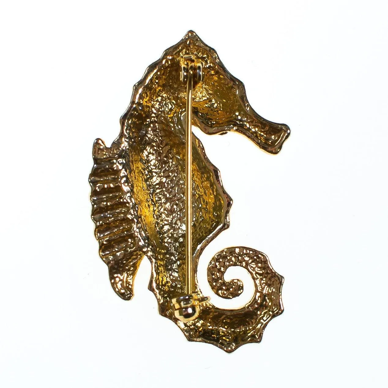 Vintage Seahorse Brooch Green Enamel with Pave Crystal Rhinestones