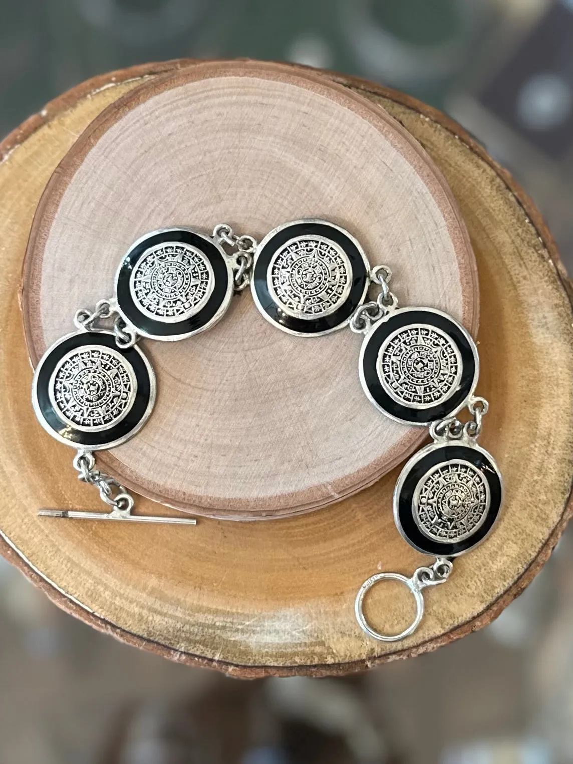 Vintage Sterling Silver Aztec Mayan Calendar Bracelet 8" Toggle Black Enamel