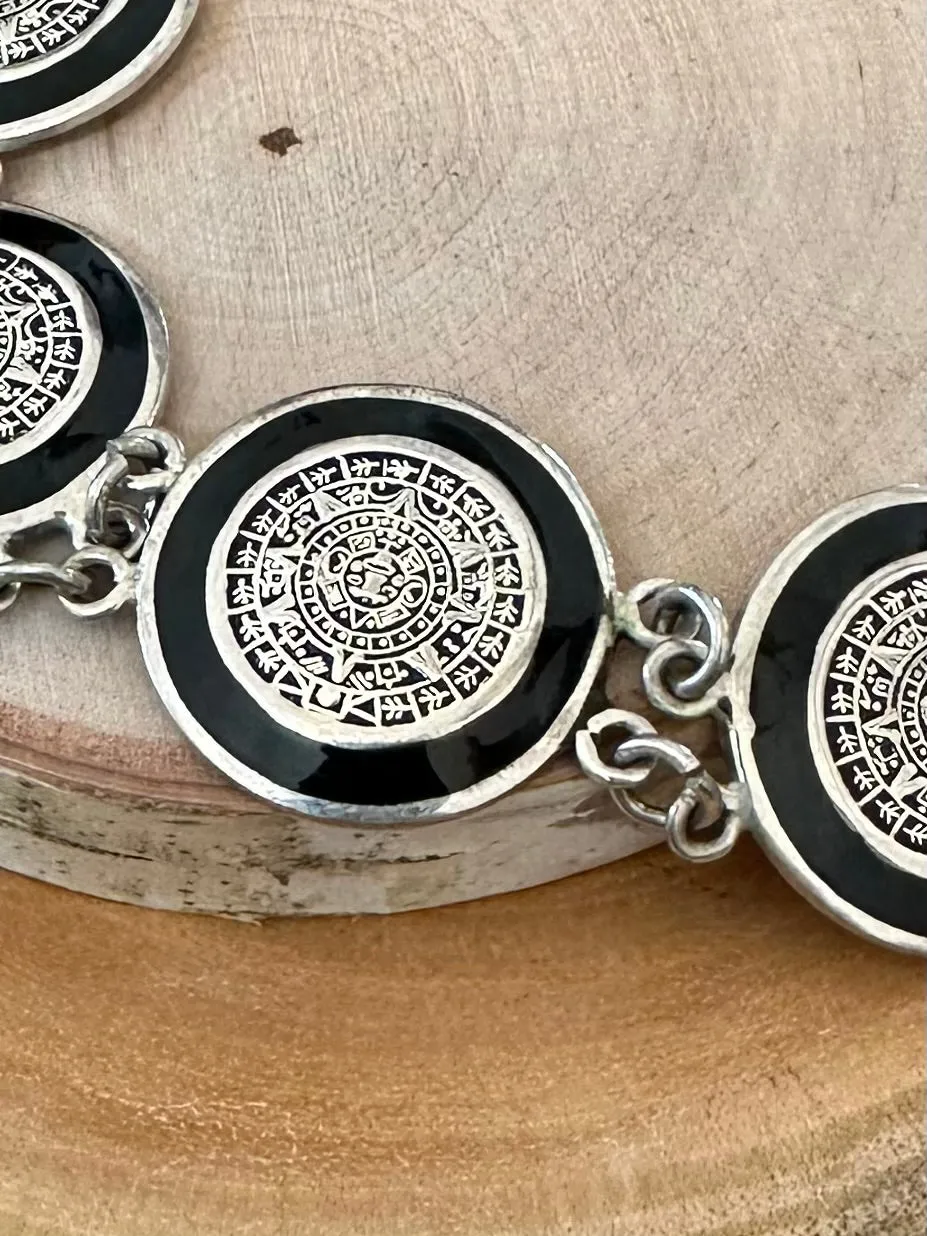 Vintage Sterling Silver Aztec Mayan Calendar Bracelet 8" Toggle Black Enamel