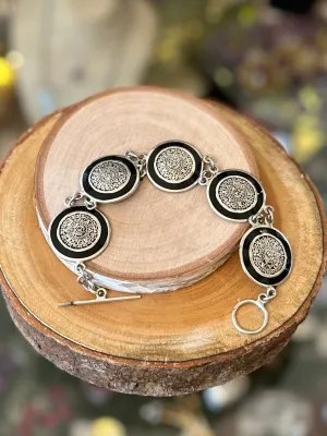 Vintage Sterling Silver Aztec Mayan Calendar Bracelet 8" Toggle Black Enamel