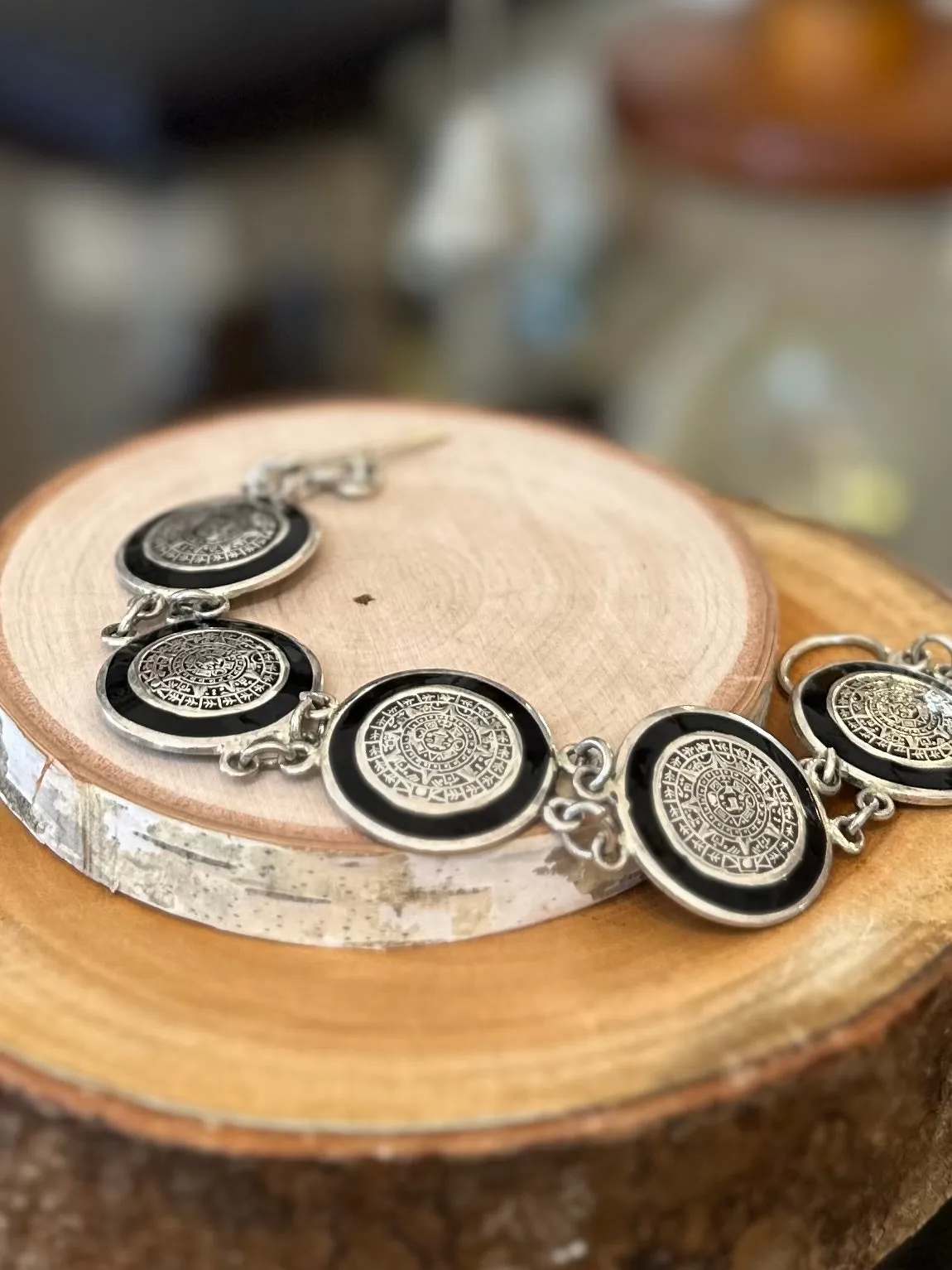 Vintage Sterling Silver Aztec Mayan Calendar Bracelet 8" Toggle Black Enamel