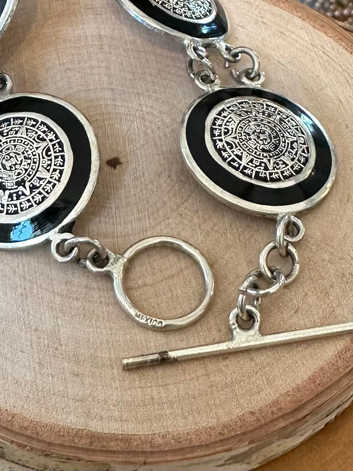 Vintage Sterling Silver Aztec Mayan Calendar Bracelet 8" Toggle Black Enamel