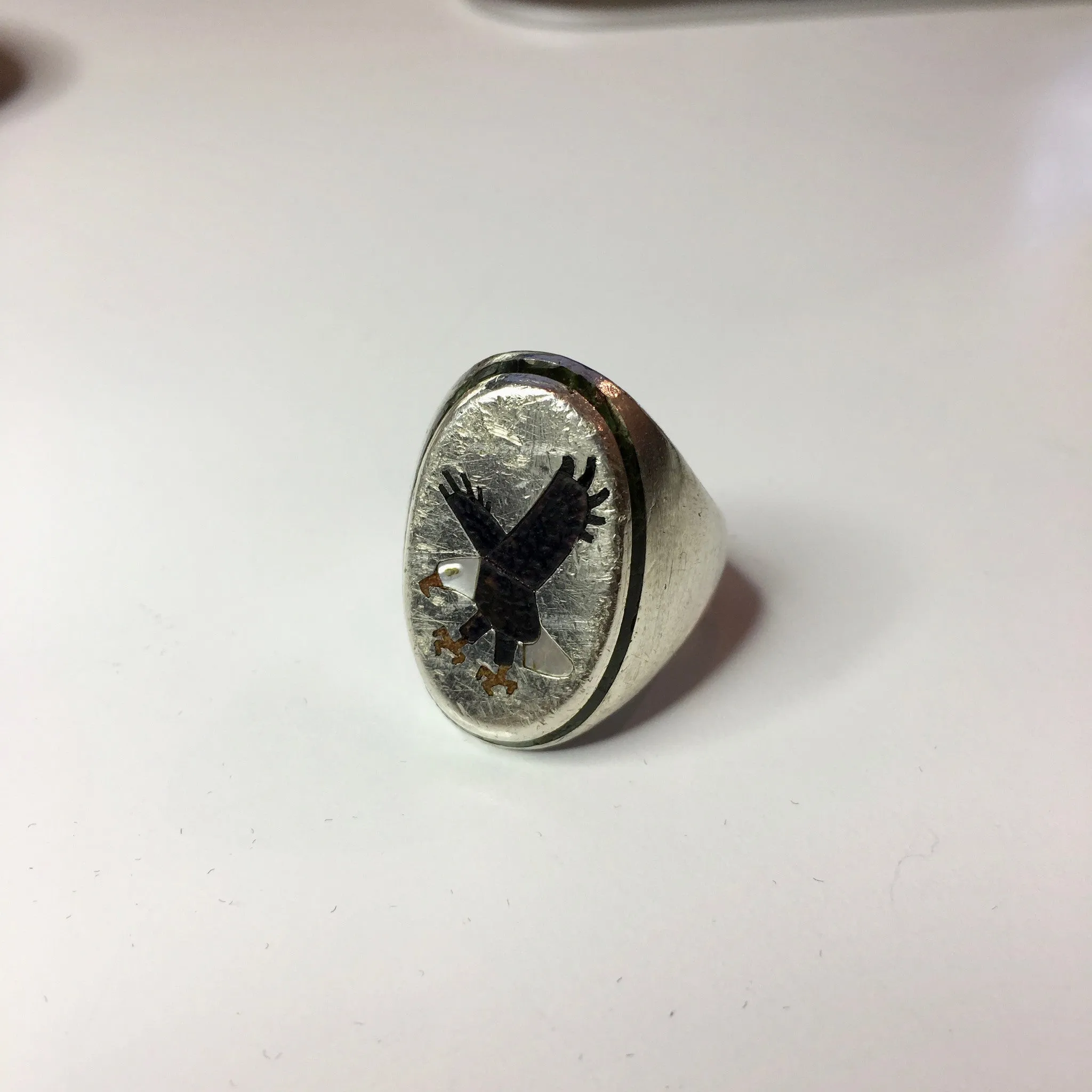 Vintage Sterling Silver Eagle Bald Eagle Mother of Pearl Turquoise Enamel BB Ring