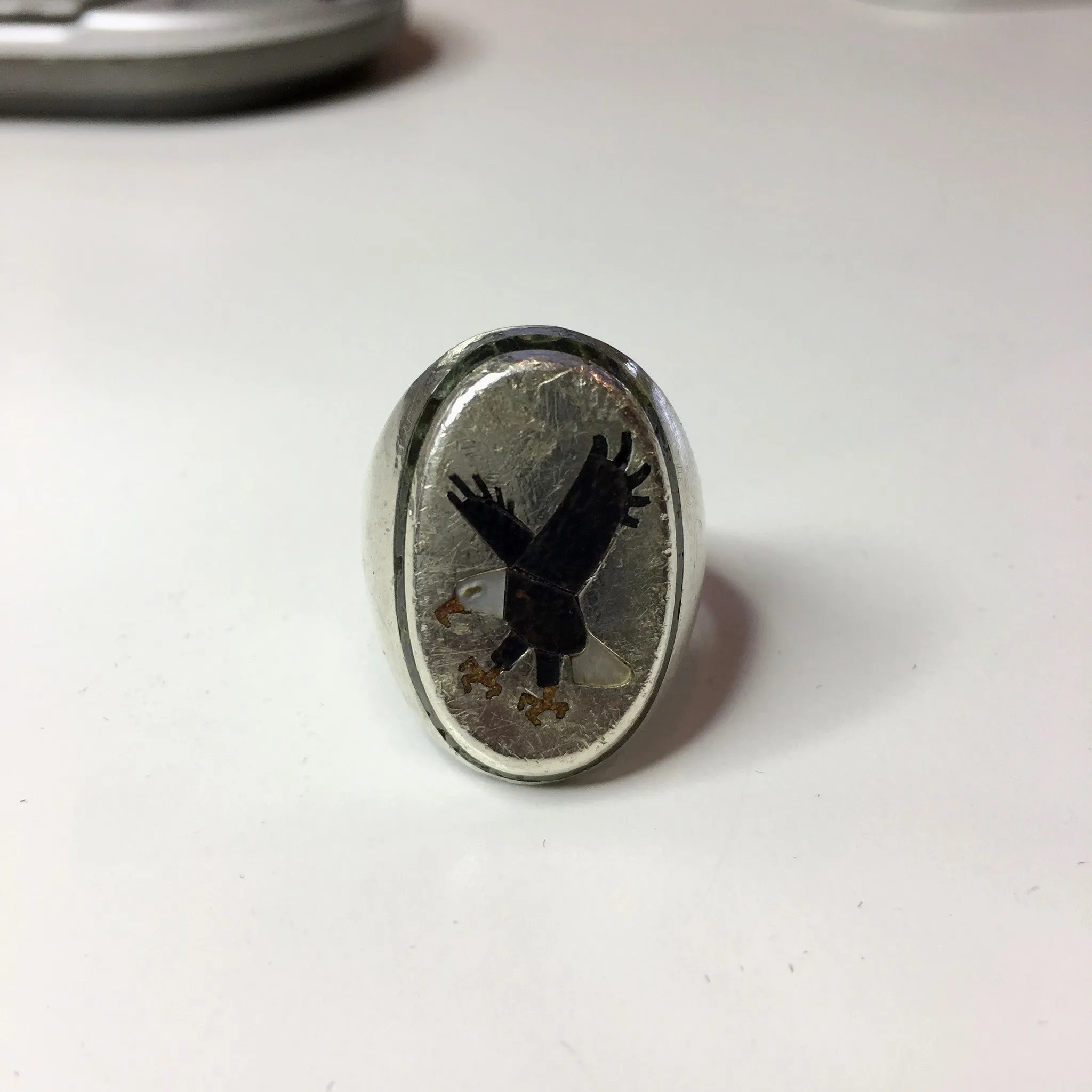 Vintage Sterling Silver Eagle Bald Eagle Mother of Pearl Turquoise Enamel BB Ring