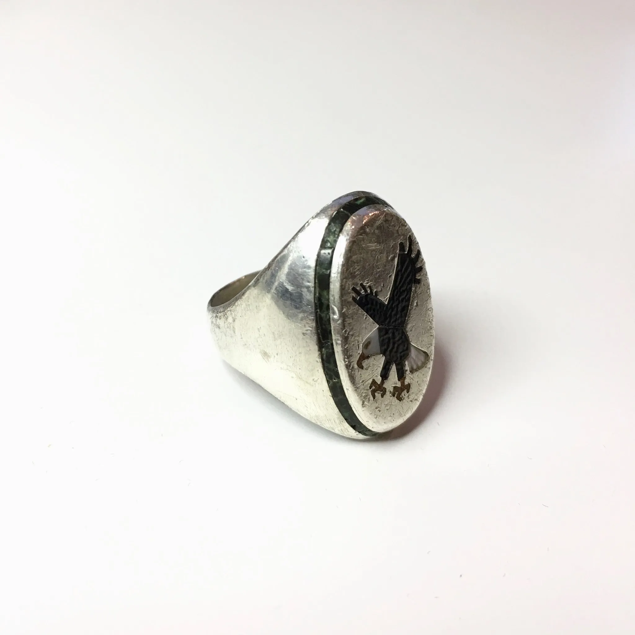 Vintage Sterling Silver Eagle Bald Eagle Mother of Pearl Turquoise Enamel BB Ring