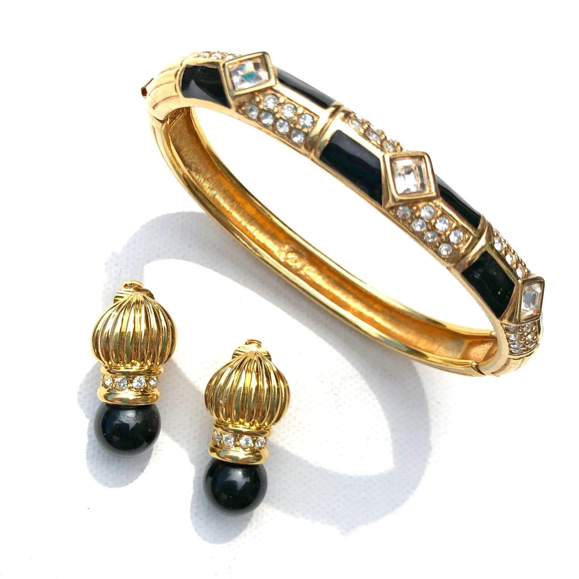 Vintage Swarovski Art Deco Black Enamel and Diamante Rhinestone Bracelet