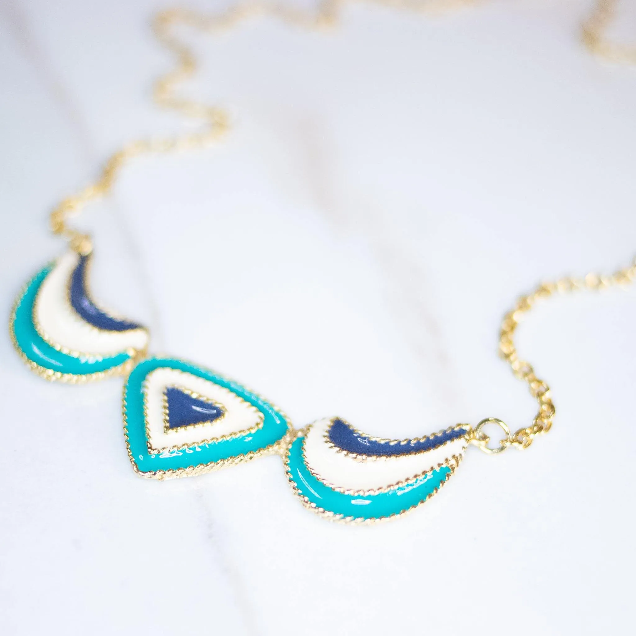 Vintage Teal, Cream, and Blue Enamel Statement Necklace