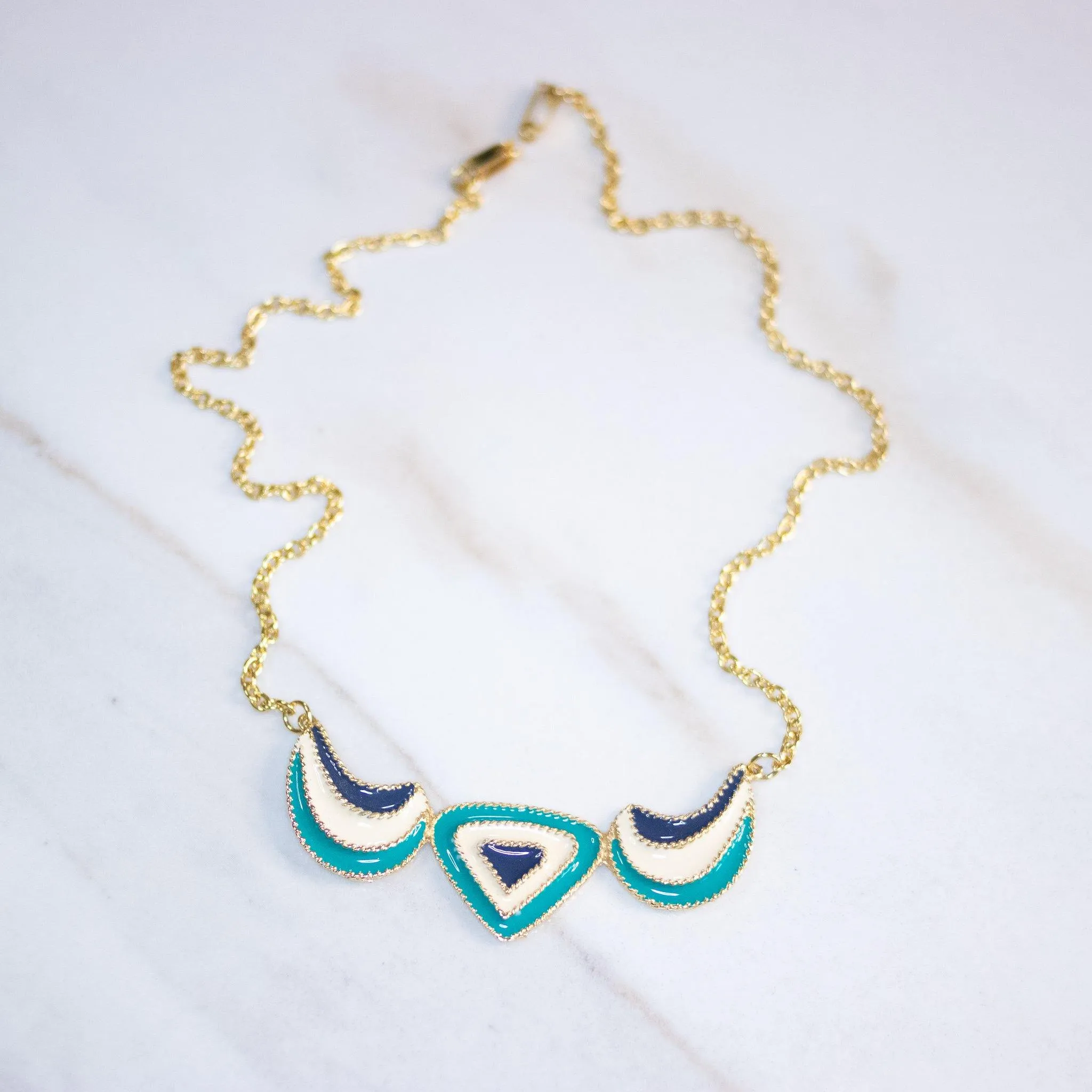 Vintage Teal, Cream, and Blue Enamel Statement Necklace