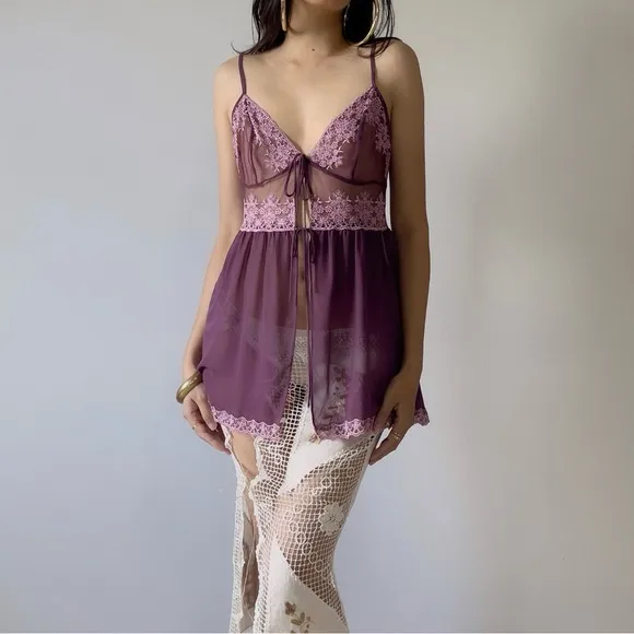 Vintage Victoria’s Secret Floral Embroidered Front Tie Sheer Babydoll Slip Sz S