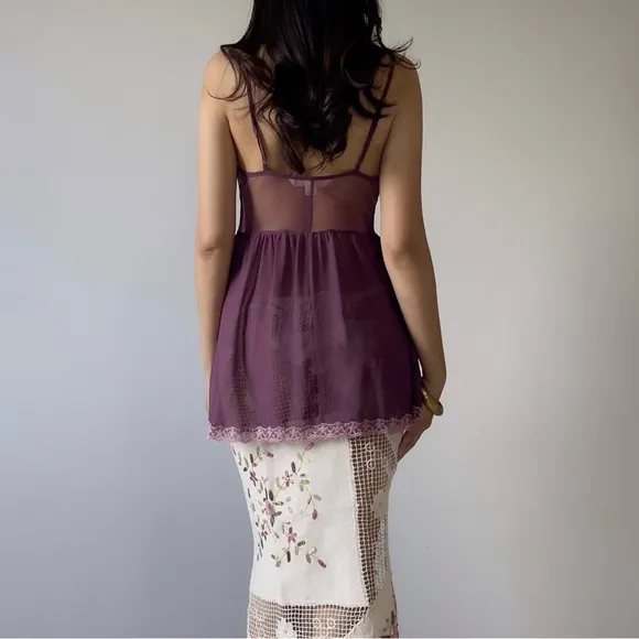 Vintage Victoria’s Secret Floral Embroidered Front Tie Sheer Babydoll Slip Sz S