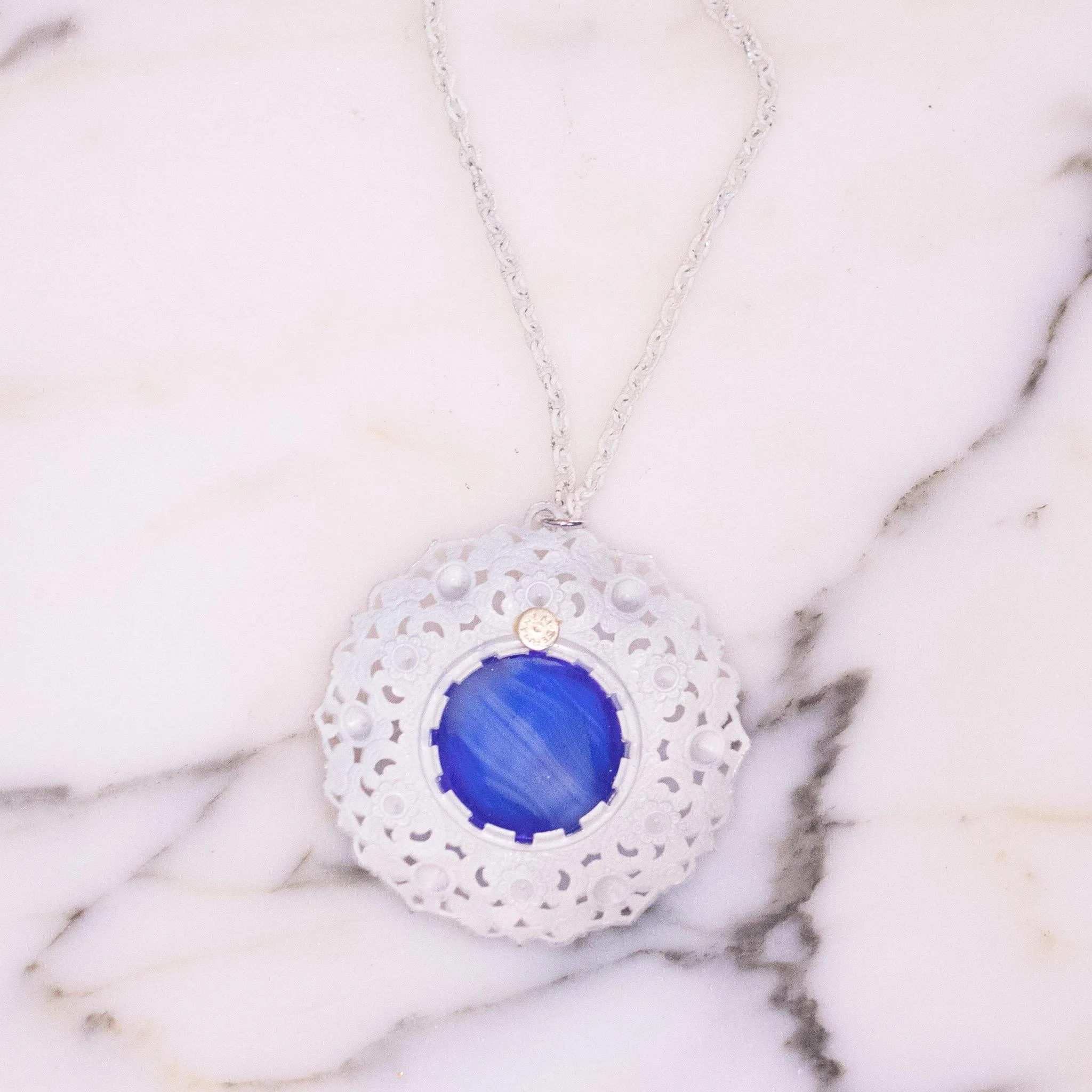 Vintage West Germany White with Blue Art Glass Statement Necklace