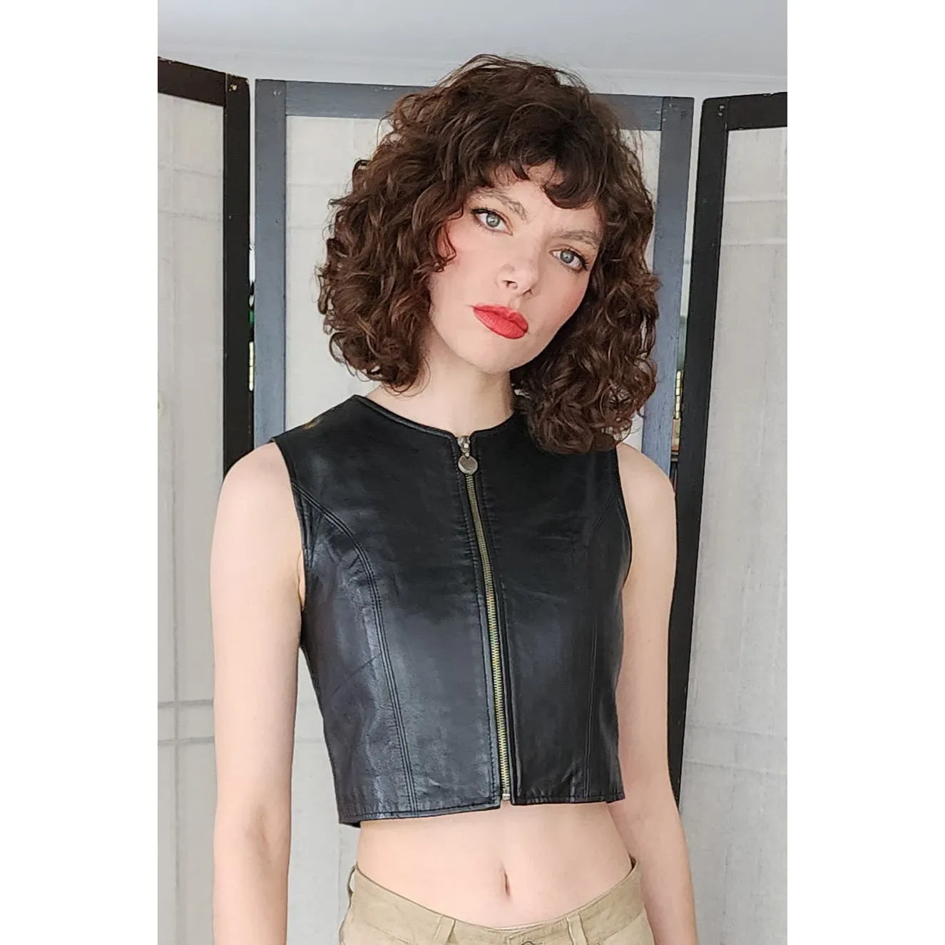 Vintage Y2K Black Leather Vest Zip Front Crop Top by Cayenne