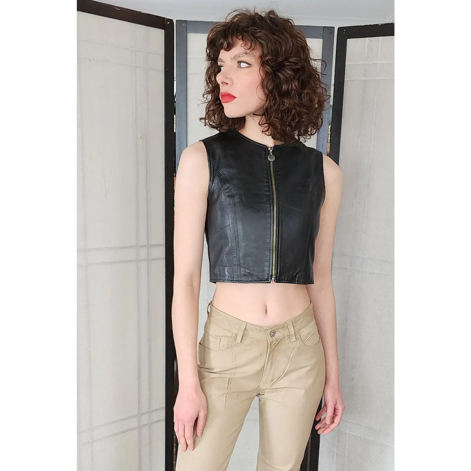 Vintage Y2K Black Leather Vest Zip Front Crop Top by Cayenne