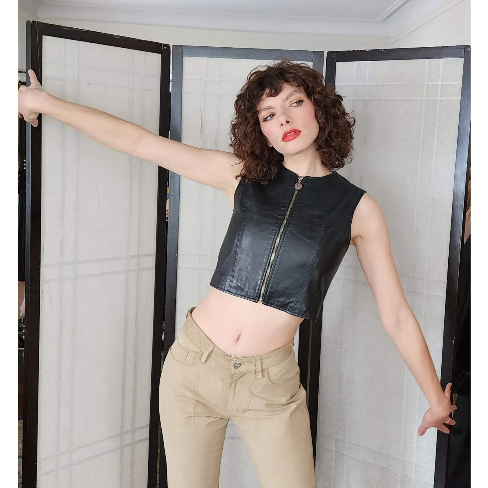 Vintage Y2K Black Leather Vest Zip Front Crop Top by Cayenne