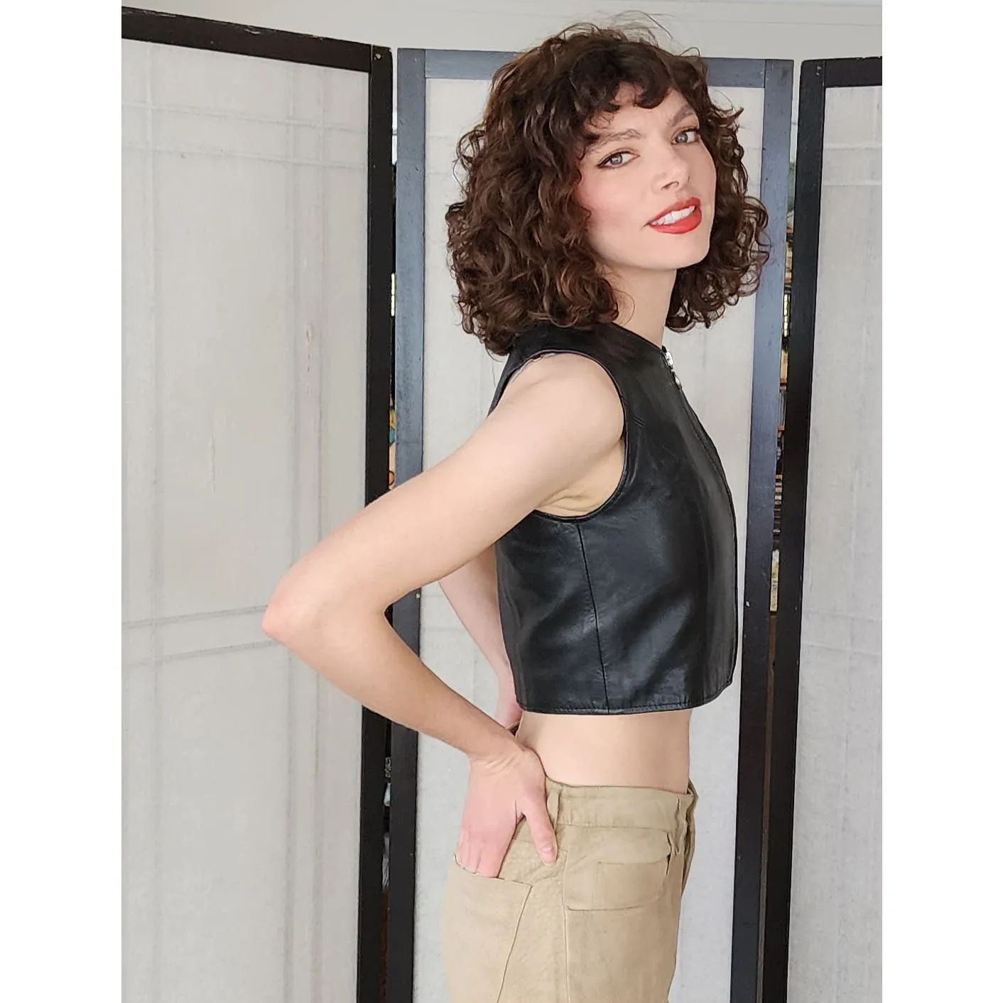 Vintage Y2K Black Leather Vest Zip Front Crop Top by Cayenne