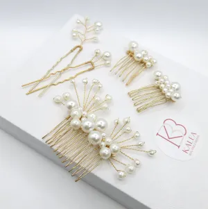 White Pearl Cluster Bridal 5 PC Hair Comb Set, Wedding Gold Wire Pearl Hair Combs and Hairpins, 5 PC Set