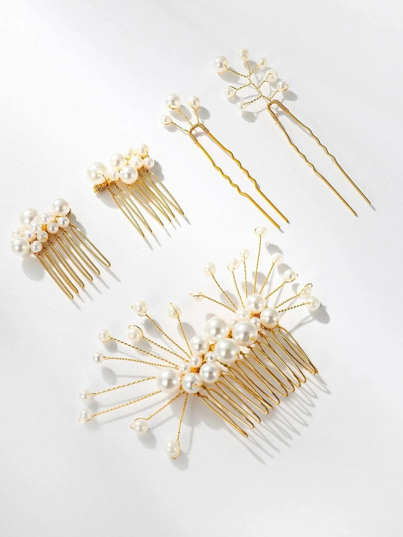 White Pearl Cluster Bridal 5 PC Hair Comb Set, Wedding Gold Wire Pearl Hair Combs and Hairpins, 5 PC Set