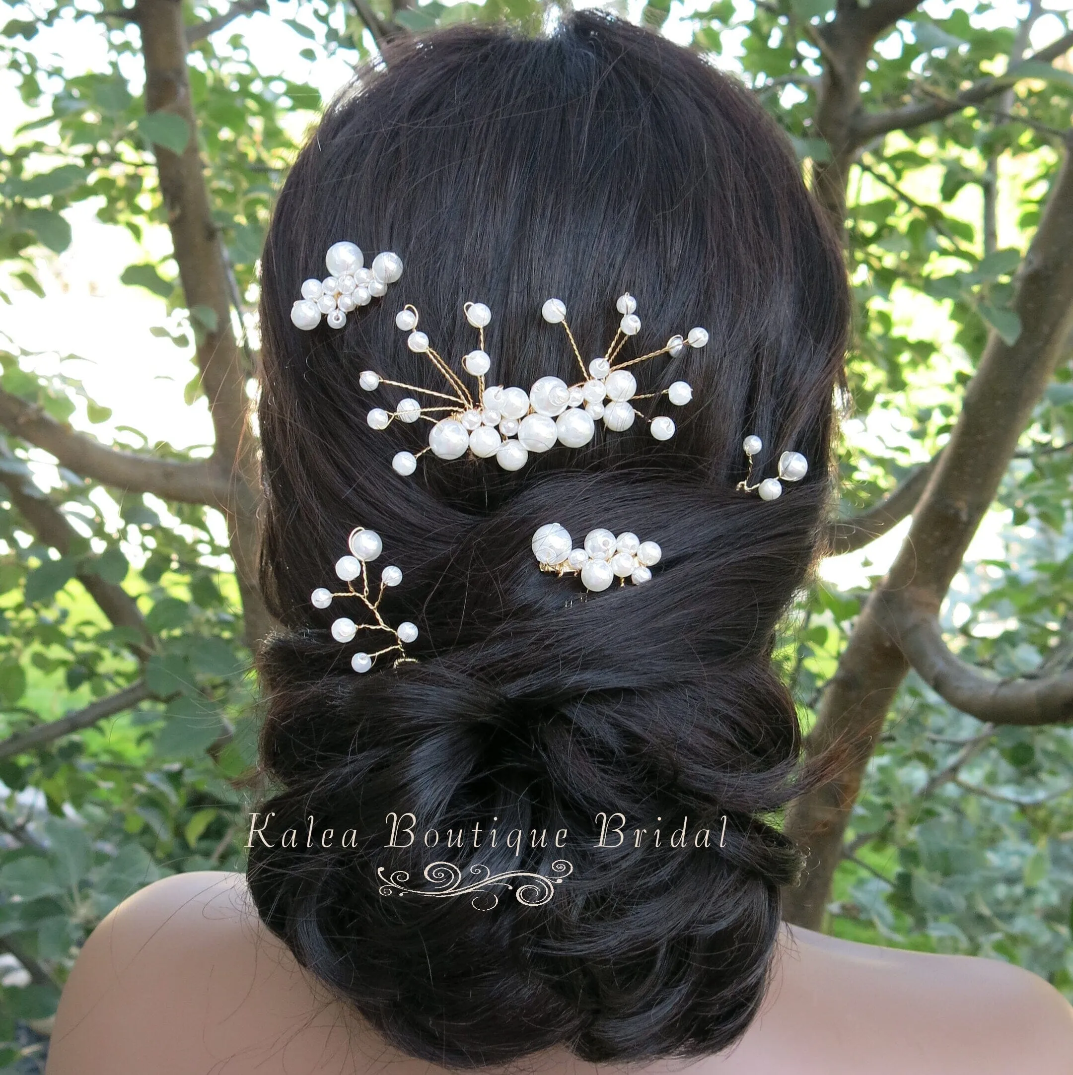 White Pearl Cluster Bridal 5 PC Hair Comb Set, Wedding Gold Wire Pearl Hair Combs and Hairpins, 5 PC Set