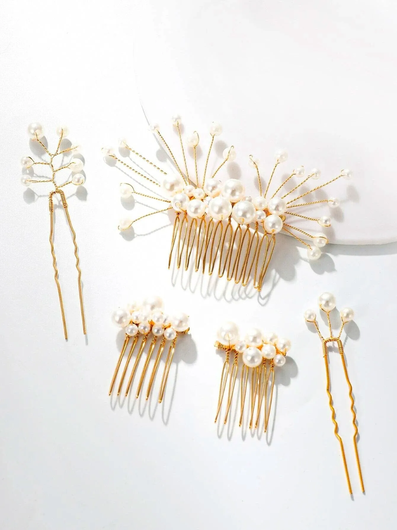 White Pearl Cluster Bridal 5 PC Hair Comb Set, Wedding Gold Wire Pearl Hair Combs and Hairpins, 5 PC Set