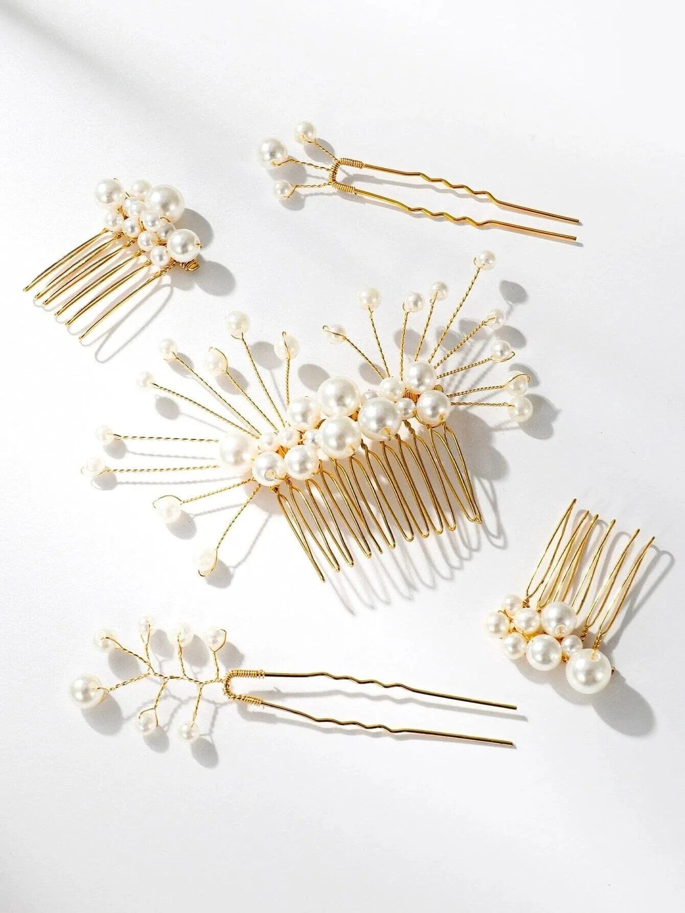 White Pearl Cluster Bridal 5 PC Hair Comb Set, Wedding Gold Wire Pearl Hair Combs and Hairpins, 5 PC Set