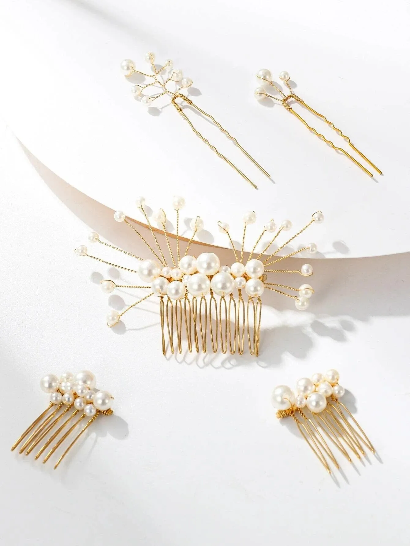 White Pearl Cluster Bridal 5 PC Hair Comb Set, Wedding Gold Wire Pearl Hair Combs and Hairpins, 5 PC Set