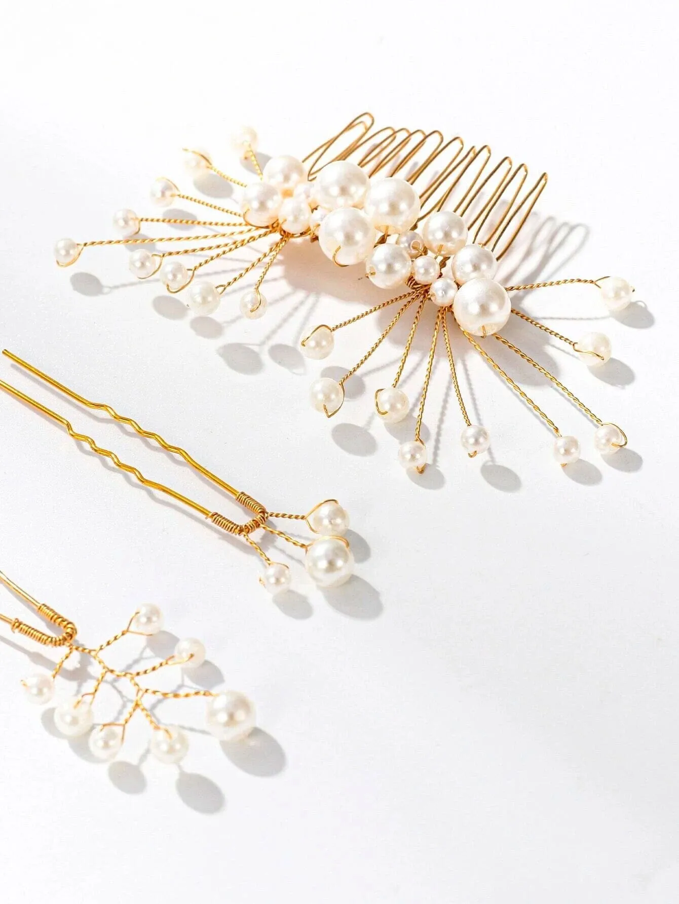 White Pearl Cluster Bridal 5 PC Hair Comb Set, Wedding Gold Wire Pearl Hair Combs and Hairpins, 5 PC Set