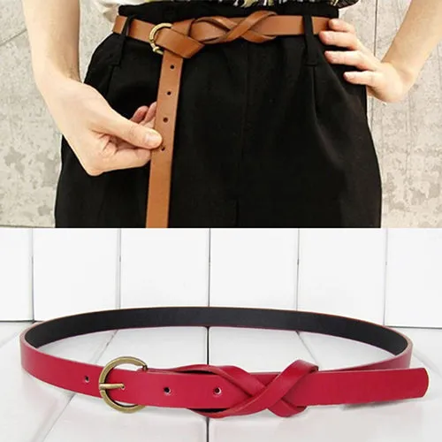 Women's Vintage Simple Thin Waist Belt Metal Buckle Skinny Faux Leather Belt