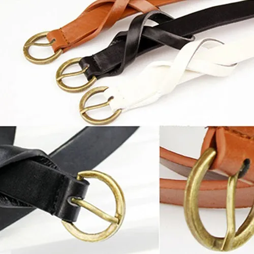 Women's Vintage Simple Thin Waist Belt Metal Buckle Skinny Faux Leather Belt