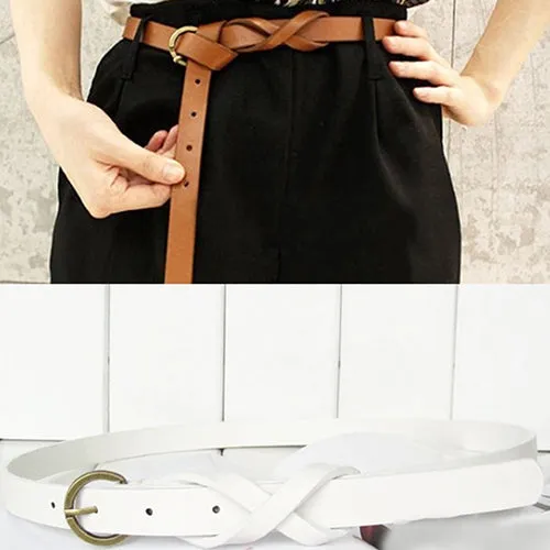 Women's Vintage Simple Thin Waist Belt Metal Buckle Skinny Faux Leather Belt