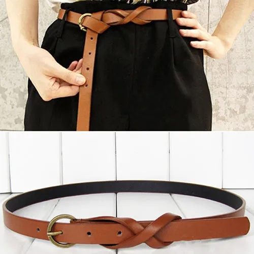Women's Vintage Simple Thin Waist Belt Metal Buckle Skinny Faux Leather Belt
