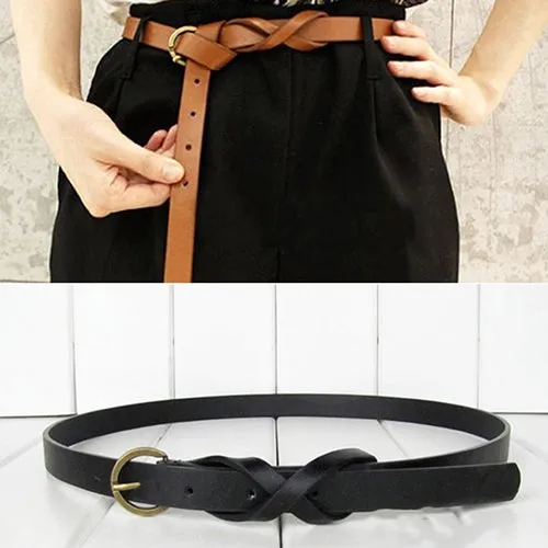Women's Vintage Simple Thin Waist Belt Metal Buckle Skinny Faux Leather Belt