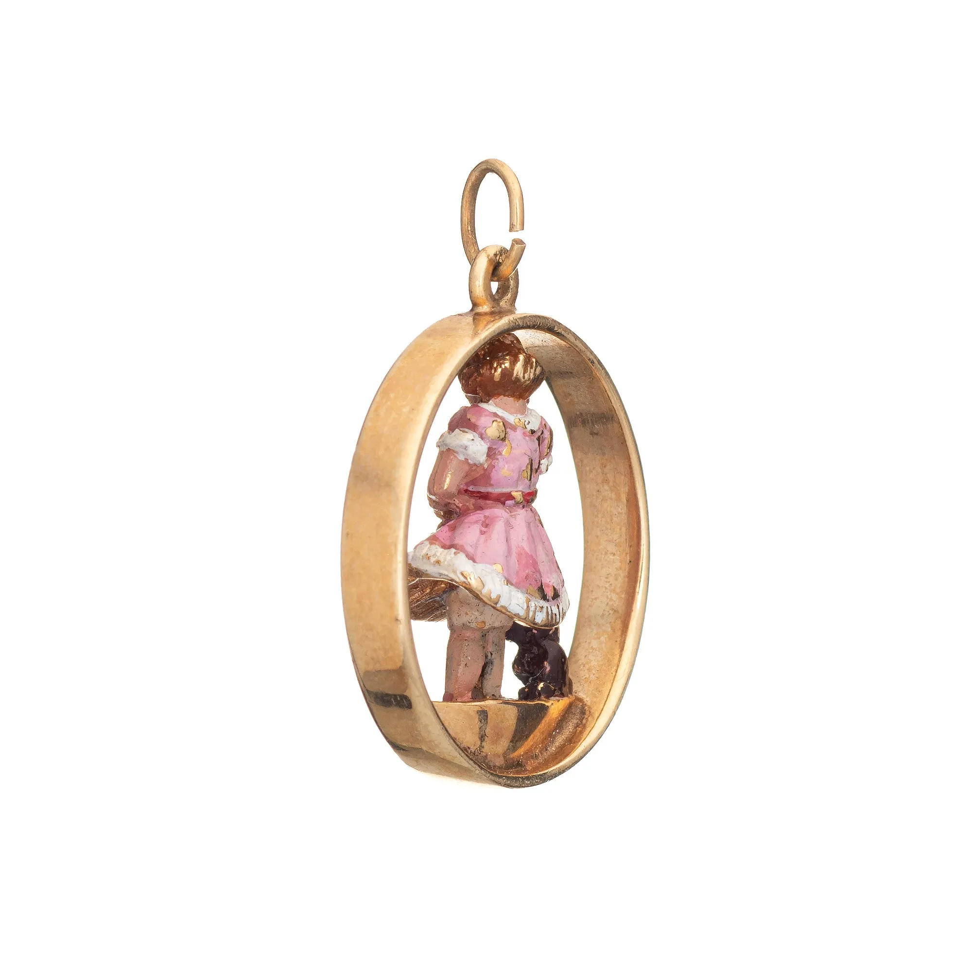 Young Child with Dog Vintage Charm 14k Gold Enamel Pendant Estate Fine Jewelry